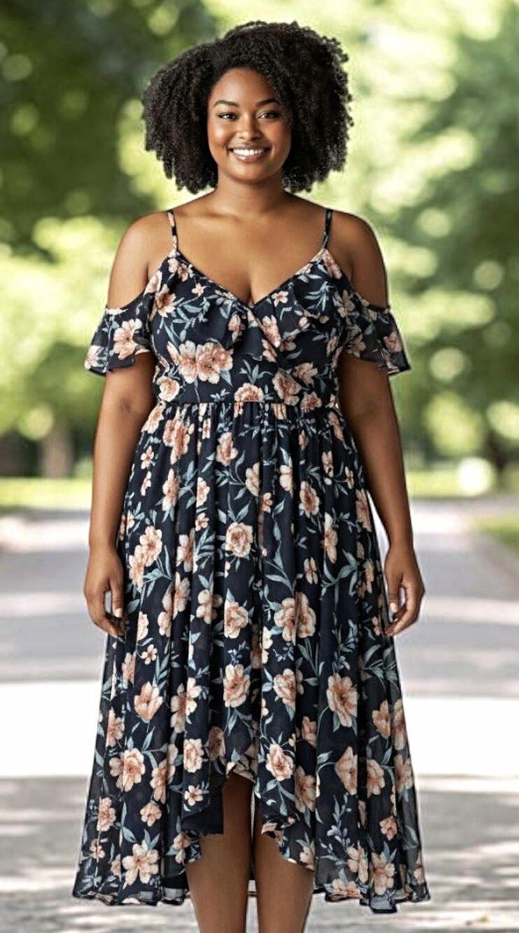 Torrid Women's Plus 2XL Navy Floral Chiffon Fit & Flare Midi Cold Shoulder
